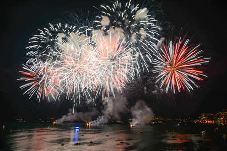 Brightly colorful fireworks in the night skyの写真素材