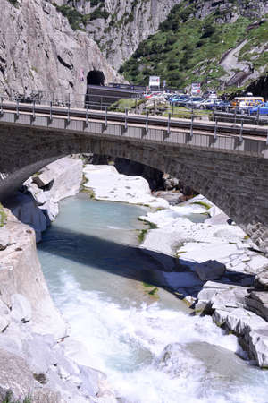 Devil's bridge at St. Gotthard pass on the Swiss alpsのeditorial素材