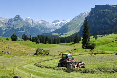 Engelberg, Switzerland - 8 august 2016: farmer who collects the hay with his tractor over Engelberg on the Swiss alpsのeditorial素材