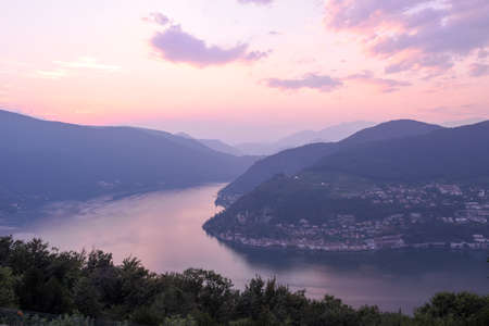 Sunset at the village of Morcote on lake Lugano, Switzerland