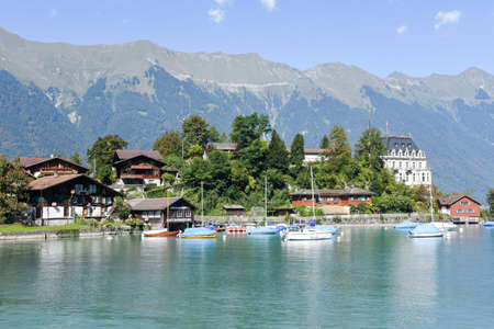 View at the village of Iseltwald on lake Brienz, Switzerlandのeditorial素材