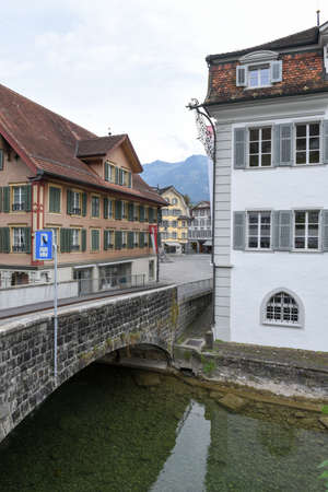 Sarnen, Switzerland - 1 October 2016: town hall near the river of Sarnen on the Swiss Alpsのeditorial素材