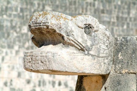 Jaguar heads of the Venus Platform, Ancient Maya Ruins, Chichen Itza Archaeological Site, Yucatan, Mexicoの写真素材