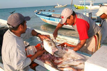 Holbox, Mexico - 28 January 2009: Fishermans on them boat at the beach of Holbox island, Mexicoのeditorial素材