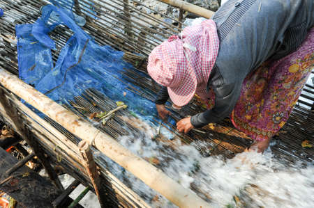 Don Khon, Laos - 28 January 2012: woman fishing with a trap in the Mekong river at Don Khon island on Laosのeditorial素材