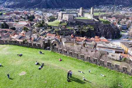 Bellinzona, Switzerland - 19 March 2017: people walking on the walls of Montebello castle at Bellinzona on the Swiss alpsのeditorial素材