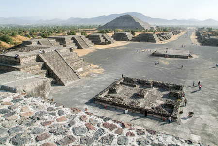 Teotihuacan, Mexico - 10 january 2009: people walking in front of moon pyramid at Teotihuacan en...