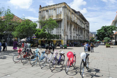 Jakarta, Indonesia - 26 January 2013: Colorful bicycles lined up on Fatahilah Square in Jakarta's Old Kota Town, indonesiaのeditorial素材