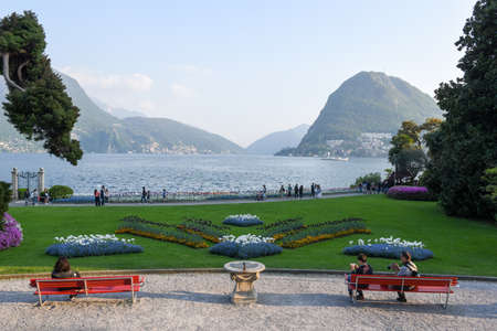 Lugano, Switzerland - 14 April 2017: people walking and taking pictures at the botanical garden of Lugano on Switzerlandのeditorial素材