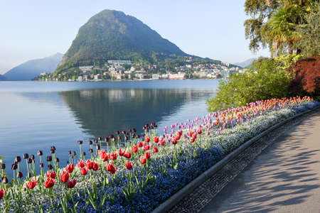 View at the bay of Lugano from the botanical garden of the city, Switzerlandの写真素材