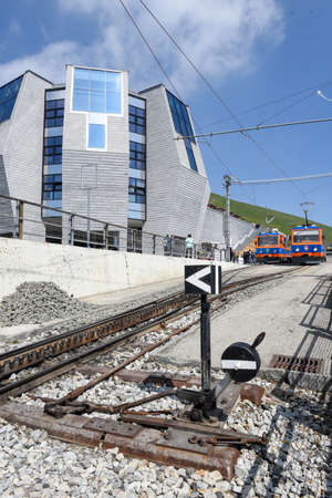 Monte Generoso, Switzerland - 8 April 2017: Tourists in the rack train that leaves the summit of...