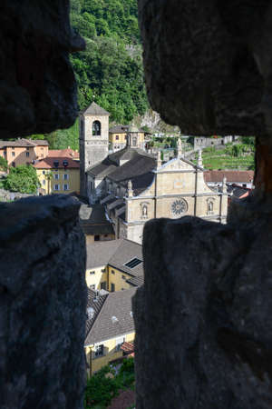 The Collegiate Church view from fort Castelgrande at Bellinzona on the Swiss alps, Unesco world heritageのeditorial素材