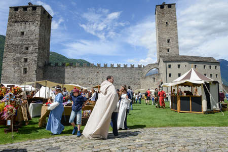 Bellinzona, Switzerland - 21 May 2017: people walking and shopping at the medieval market on Castelgrande castle at Bellinzona on the Swiss alpsのeditorial素材