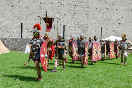 Bellinzona, Switzerland - 21 May 2017: Exhibition of Roman centurions at Castelgrande castle in Bellinzona on the Swiss alpsのeditorial素材