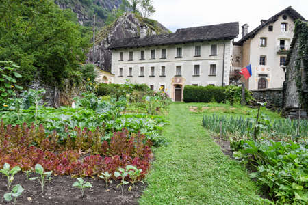 Vegetable garden in front of old house at Cevio on the Swiss alpsのeditorial素材