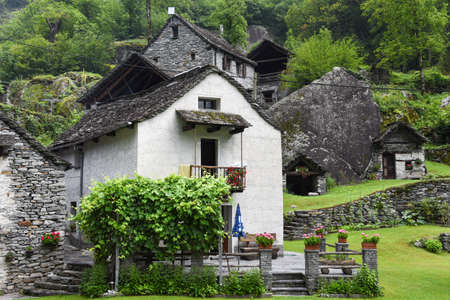 Fontana, Switzerland - 20 July 2017: traditional rural village of Fontana on the Swiss alpsのeditorial素材
