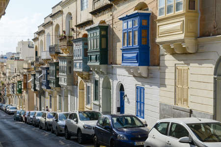 Sliema, Malta - 2 November 2017: the traditional Maltese colorful wooden balconies in Sliema on Maltaのeditorial素材