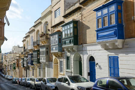 Sliema, Malta - 2 November 2017: the traditional Maltese colorful wooden balconies in Sliema on Maltaのeditorial素材