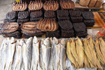 Dry fish at the food market of Battambang on Cambodiaの写真素材