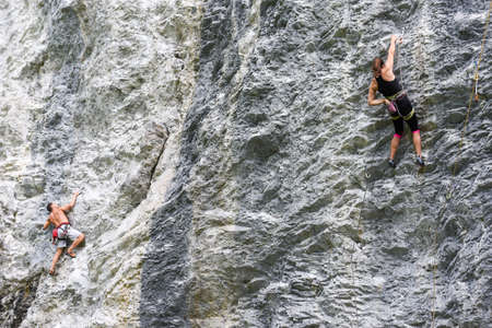 Engelberg, Switzerland - 29 July 2017: people climbing on the rock at Engelberg on the Swiss alpsのeditorial素材