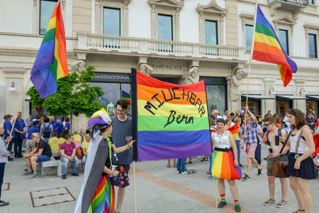 Lugano, Switzerland â€“ 2 June 2018: Gay and lesbians walking in the Gay Pride parade of Lugano...