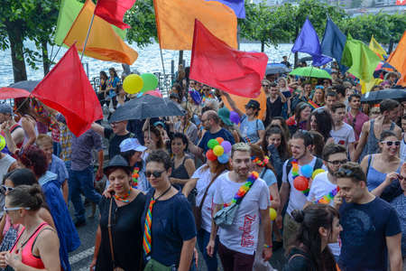 Lugano, Switzerland â 2 June 2018: Gay and lesbians walking in the Gay Pride parade of Lugano on Switzerlandのeditorial素材