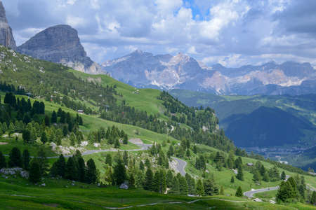 Beautiful summer mountain view of Sella group on Dolomites, Italyの写真素材