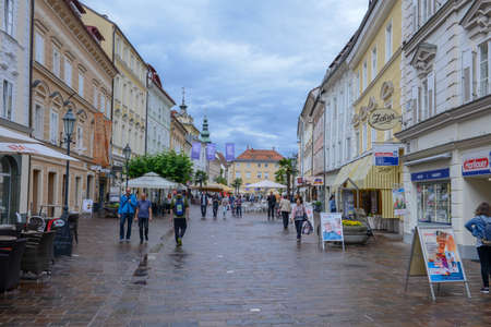 Klagenfurt, Austria - 30 June 2018: people walking on the pedestrian street of Klagenfurt in...