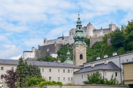 View of St. Peter's Abbey and Hohensalzburg Castle in Salzburg, Austriaのeditorial素材