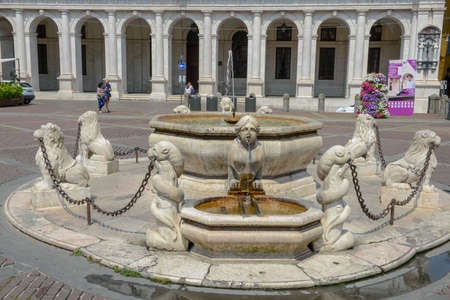 Bergamo, Italy - 3 July 2018: Beautiful old fountain in the center of Bergamo in Italy.のeditorial素材