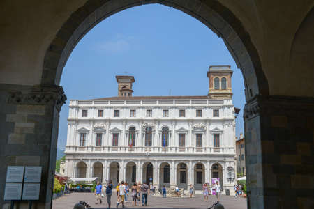 Bergamo, Italy - 3 July 2018: Central square of the old town at Bergamo on Italyのeditorial素材
