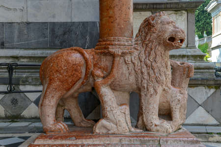 Sculptures of lions at the entrance to the Basilica of Santa Maria Maggiore in Bergamo on Italyのeditorial素材