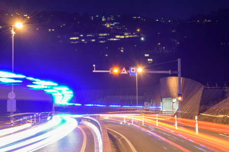 The car light trails in front of a tunnel at Lugano on Switzerlandのeditorial素材
