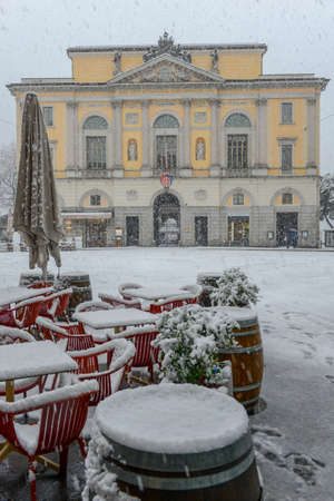 Lugano, Switzerland - 5 March 2016 - main square of Riforma with town hall on snow at Lugano in Switzerlandのeditorial素材