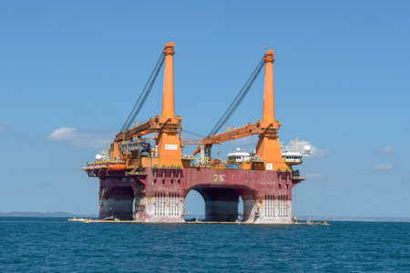 Salvador, Brazil - 4 February 2019: Offshore oil drilling platform near Salvador de Bahia on Brazil