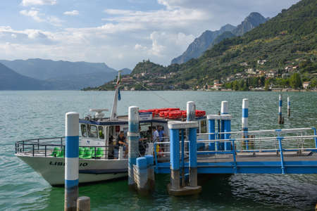 Sale Marasino, Italy - 29 July 2019: Touristic boat at Sale Marasino on Iseo Lake in Italyのeditorial素材