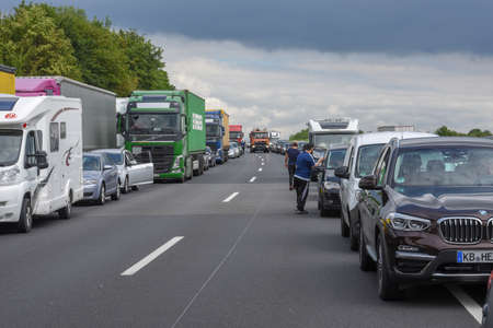 Kassel, Germany - 2 July 2019: car queue for accident on the highway at Kassel on Germanyのeditorial素材