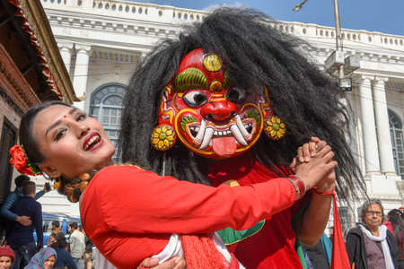 Kathmandu, Nepal - 1 February 2020: woman with a traditional mask at Durban square in Kathmandu on Nepalのeditorial素材