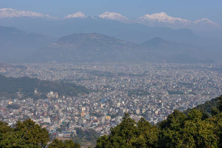 Arial view on Pokhara city, lake Phewa and the Himalayan range in Nepalのeditorial素材