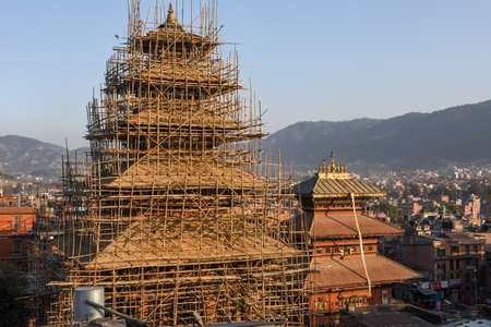 Rebuilding a temple after the earthquake at Bhaktapur in Nepalの写真素材