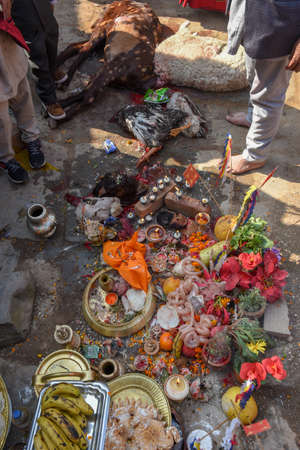 Bhaktapur, Nepal - 27 January 2020: people on a Hindu sacrifice at Bhaktapur in Nepalのeditorial素材