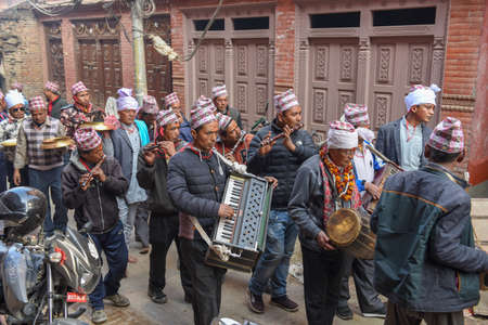 Bhaktapur, Nepal - 27 January 2020: people on a procession for a Hindu sacrifice at Bhaktapur in Nepalのeditorial素材