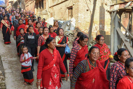 Bhaktapur, Nepal - 27 January 2020: people on a procession for a Hindu sacrifice at Bhaktapur in Nepalのeditorial素材