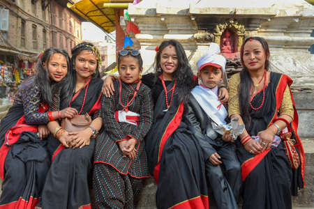 Bhaktapur, Nepal - 27 January 2020: group of women posing at Bhaktapur in Nepalのeditorial素材