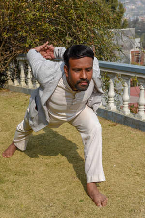 Kathmandu, Nepal - 2 February 2020: yoga position performed by a teacher at Kathmandu on Nepalのeditorial素材
