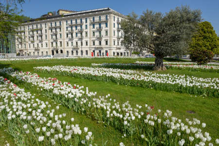 Lugano, Switzerland - 23 April 2020:  Public garden on the lakefront at Lugano on Switzerlandのeditorial素材