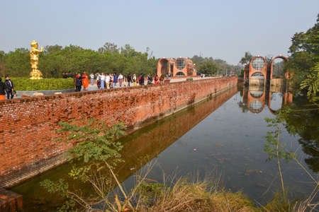 Lumbini, Nepal - 18 January 2020: the canal of the monastic zone at Lumbini on Nepal