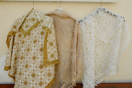 Lace and embroidery of a shop at Lefkara on Cyprusの写真素材