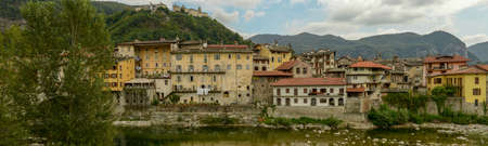 Varallo, Italy - 5 September 2021: Varallo Sesia village and Sacred mountain sanctuary on background in Piedmont, Italyのeditorial素材