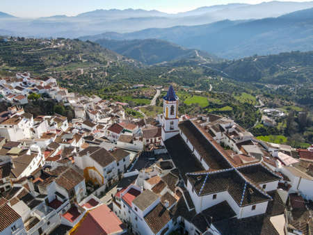 Drone view at the town of El Burgo on Andalucia in Spainの写真素材
